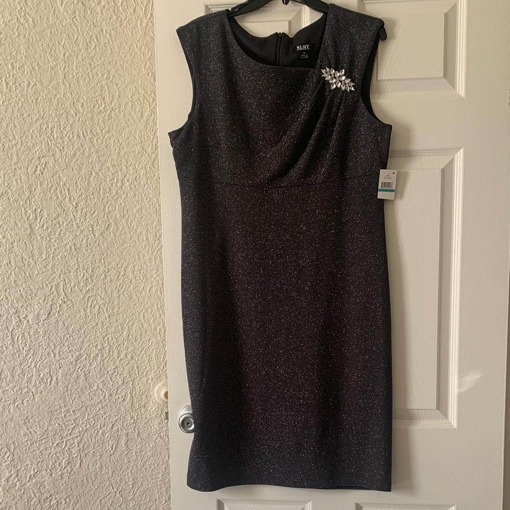 SLNY Black Sparkle Sheath Dress with Crystal Brooch Accent